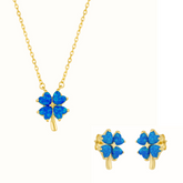 Blue Opal Four Leaf Clover Sterling Silver Necklace & Earring Set